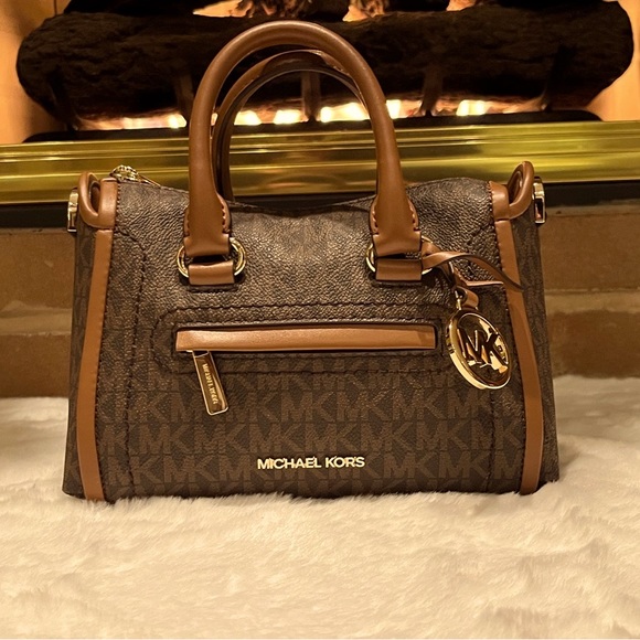 Michael Kors Handbags - NWT Michael Kors Carine Extra-Small Logo Satchel Crossbody Bag Brown.
